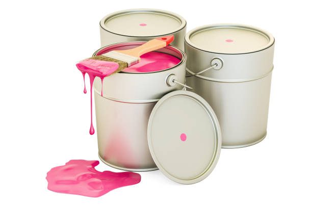Cans with pink paint and brush, 3D rendering isolated on white background
